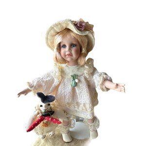 Vintage Porcelain Little Girl Doll Holding a Rabbit‎ - Stand Included